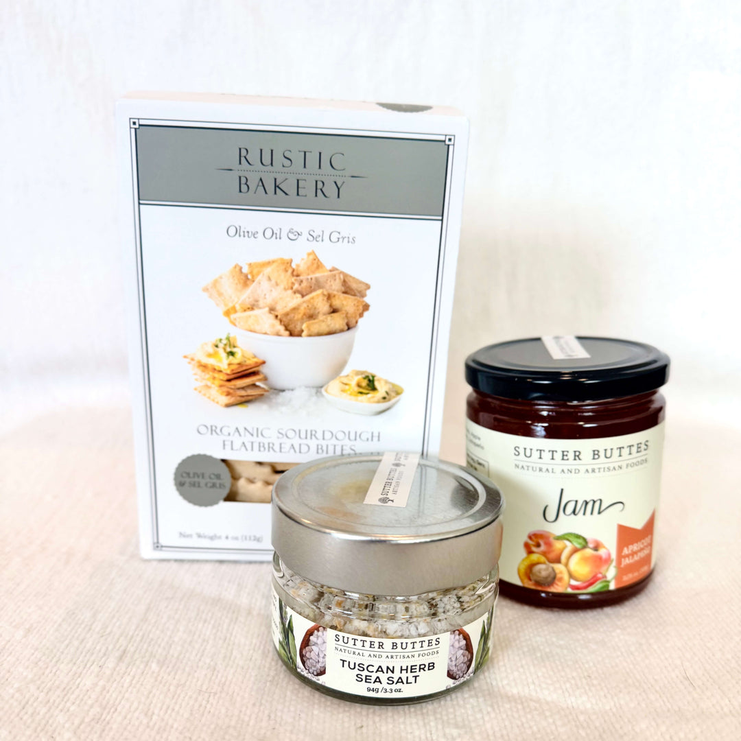 Elevate your next gathering with our Graze &amp; Gather Gift Set — a thoughtfully curated collection of savory favorites perfect for entertaining, gifting, or treating yourself. This delicious set includes crisp sourdough crackers, artisan jam, and handcrafted herb salts that bring gourmet flavor to every bite.