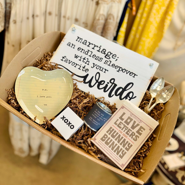 Gift box with heart-shaped trinket dish, hand painted sign and love letter note pad, hand stamped spoons