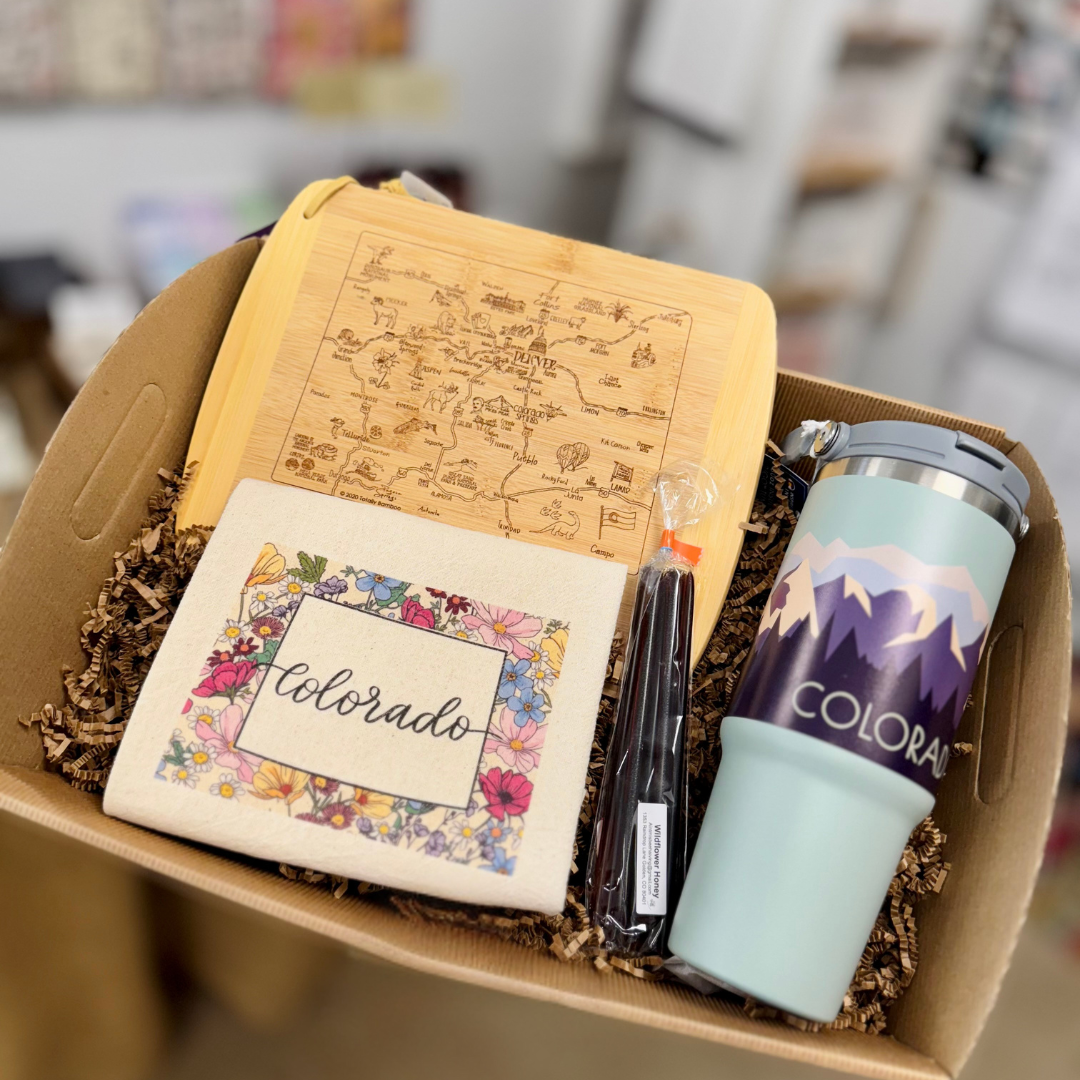 Welcome Home Gift set with Colorado tea towel, tumbler, local honey sticks and cutting board