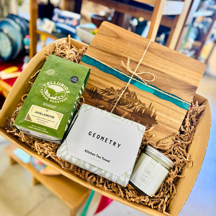 Home Sweet Home gift box with colorado coffee, candle, and Geometry Towel, kitchen, resin cutting board and soy candle