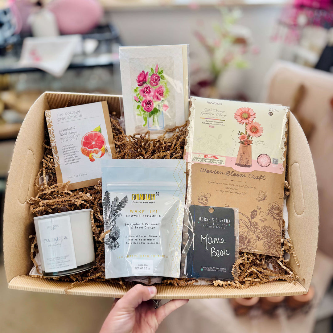 Mother's Day Gift box with candles, bath salts, Mama bear handmade bracelet, thoughtful craft and hand painted card