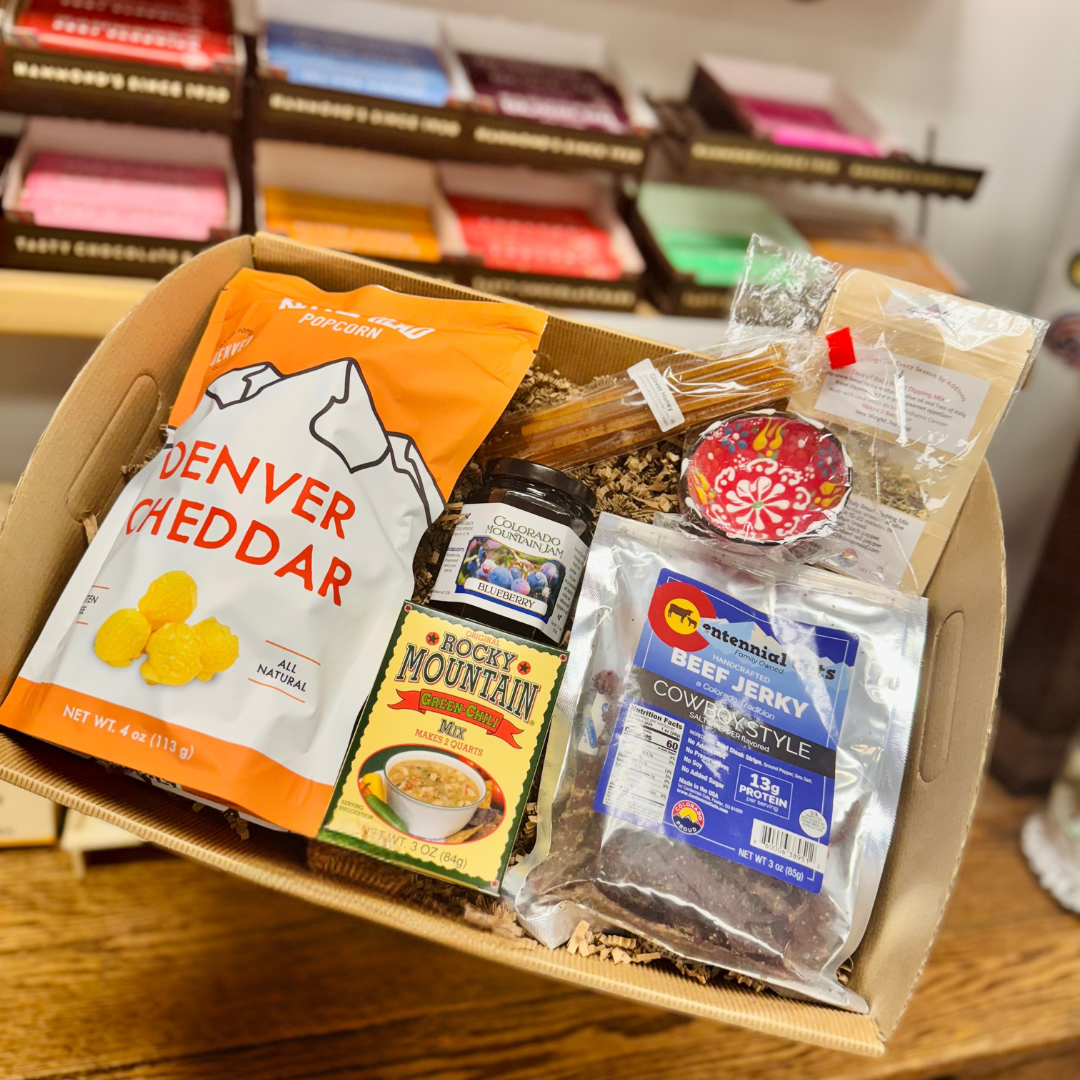 Colorado Gift Box of assorted snacks including Denver Cheddar, Rocky Mountain Green Chili, Beef Jerky, local honey and salsa or dip