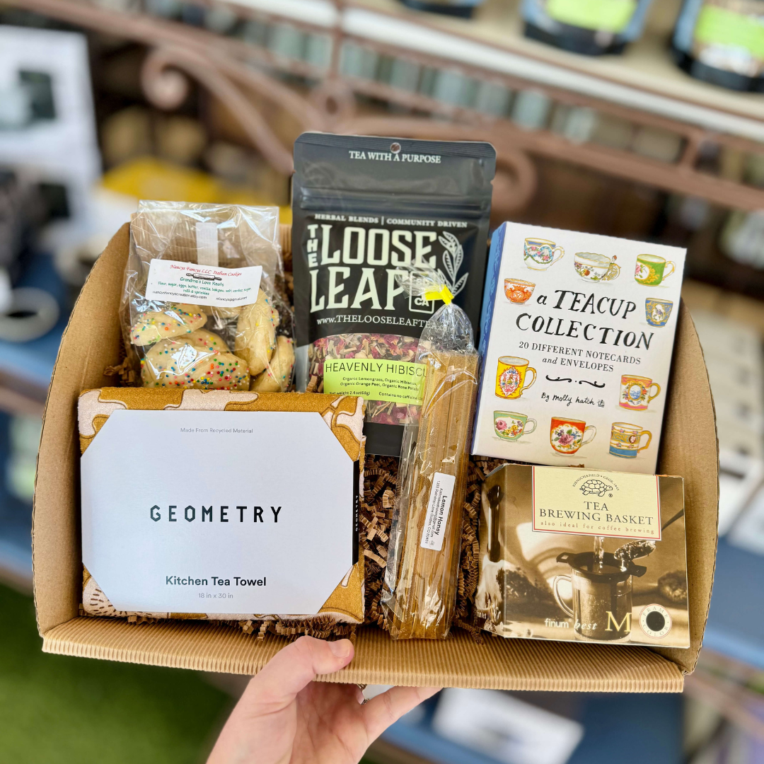 Gift Box of tea and kitchen items including 'Loose Leaf' and 'Tea Brewing Basket' local honey, cookies & teacup cards