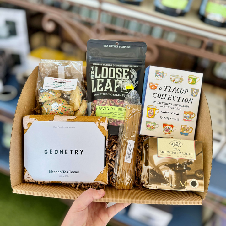 Gift Box of tea and kitchen items including 'Loose Leaf' and 'Tea Brewing Basket' local honey, cookies & teacup cards